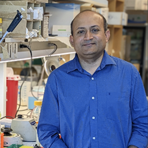 A man (Amitabh Ranjan) with a blue shirt stands at a lab bench