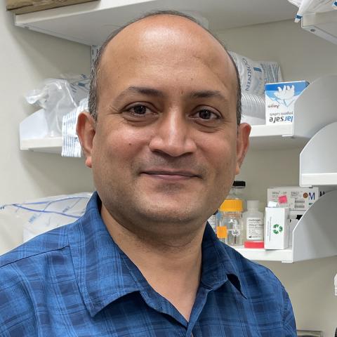 Smiling man with dark close-cropped hair, wearing a blue plaid shirt, standing in a lab.