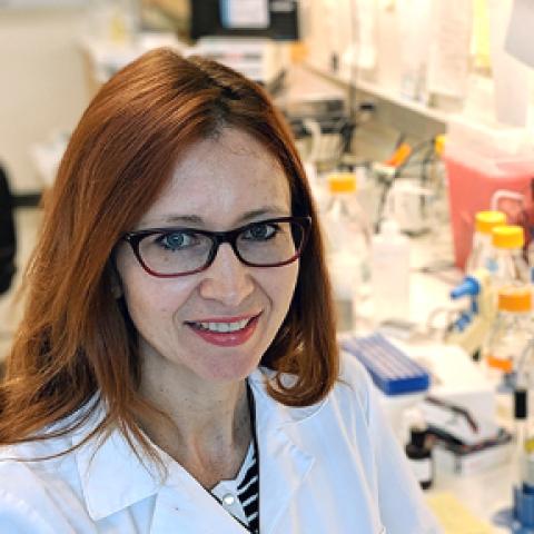 A woman with red hair and glasses sits by a lab bench smiling