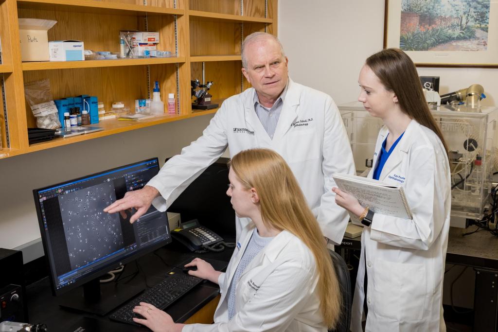 Male scientist showing two female grad students an image on a computer screen.