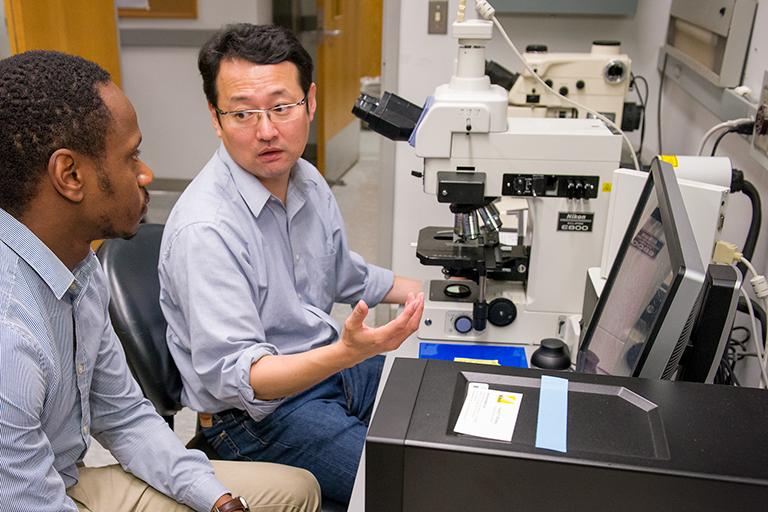 Dr. James Kim in his lab with a graduate student