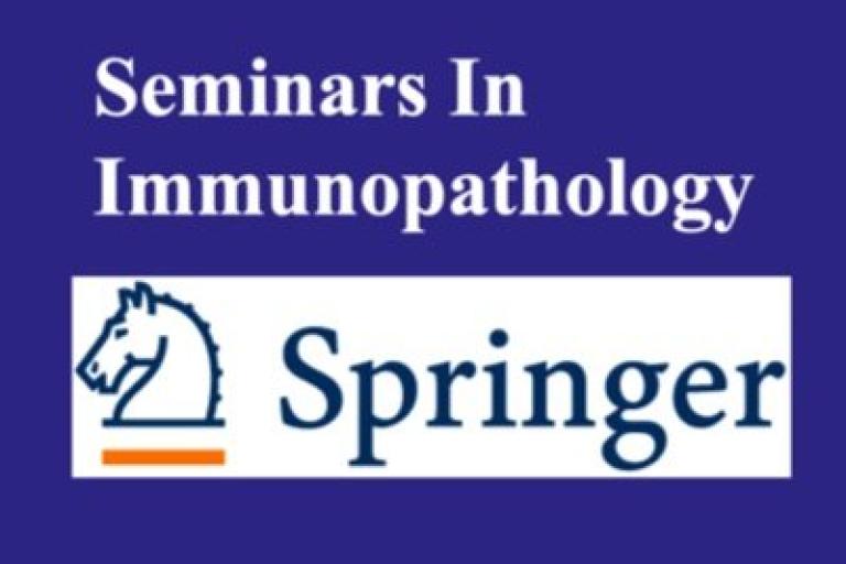 Logo on purple background - "Seminars in Immunopathology - Springer" with an sketch of a horses head (or Knight chess piece)