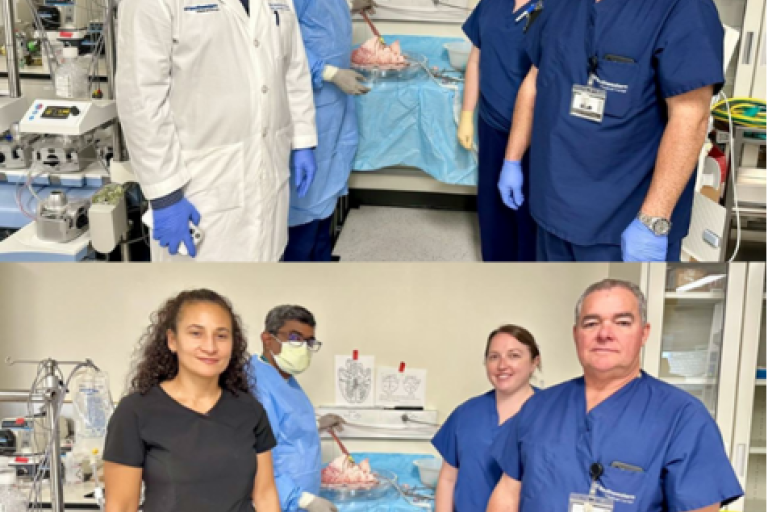 Two pictures, 4 people in each, standing in a lab.