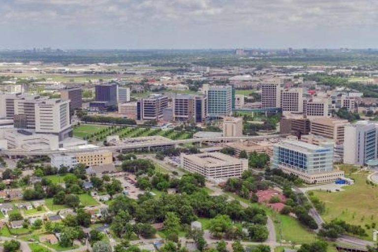 Panoramic view of part of the UTSW campus and city of Dallas.