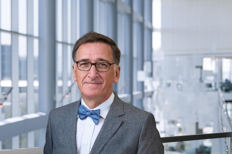 Smiling man with short brown hair, wearing a gray suit, white shirt, and blue bow-tie, with dark-rimmed glasses.