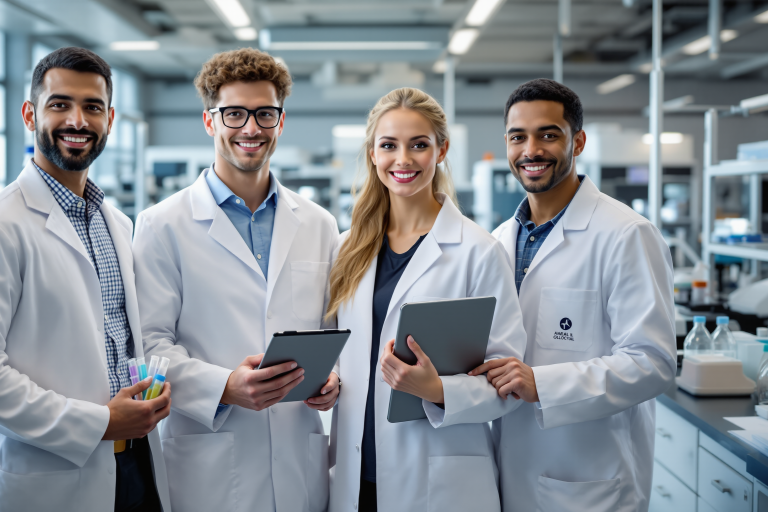 four scientists in a lab