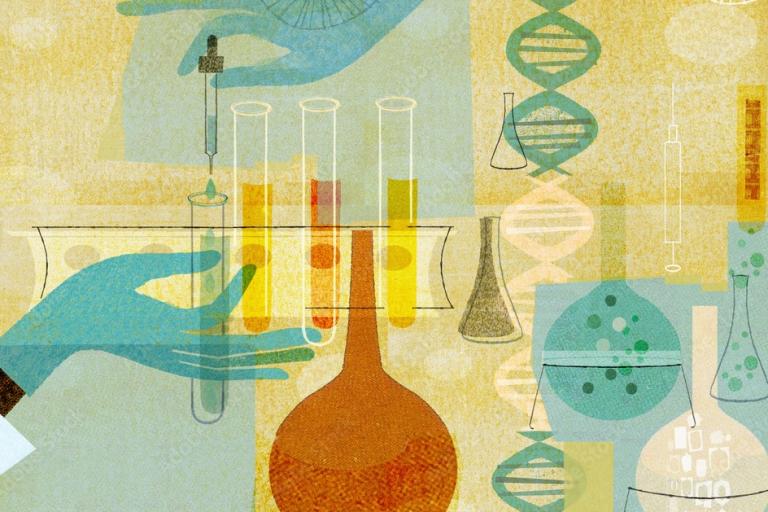 Animated graphic depicting scientific laboratory imagery