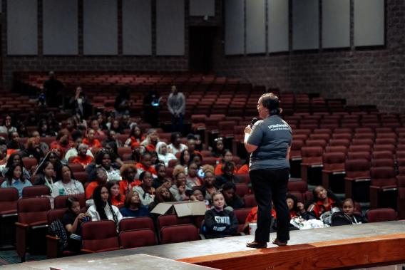 presenter on a stage