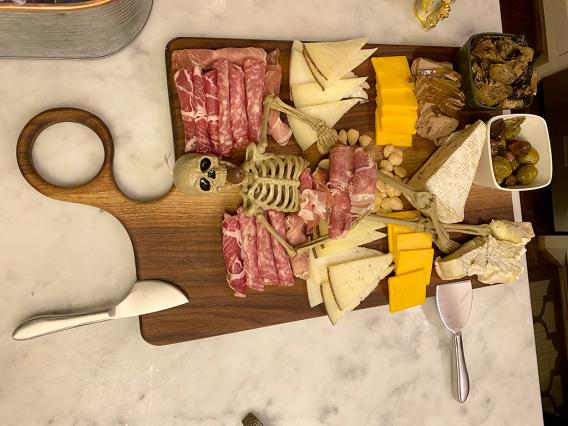Parikh Lab Halloween party with Charcuterie Board display with skeleton