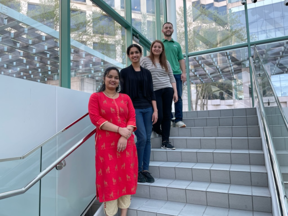 Maggie, Anju, Alex, and Arbi standing on a stairwell and smiling.