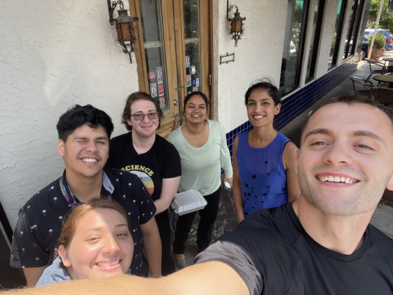 Alex, bAner, Timea, Maggie, Anju, and Arbi on the patio of Zaguan, Latin Cafe.