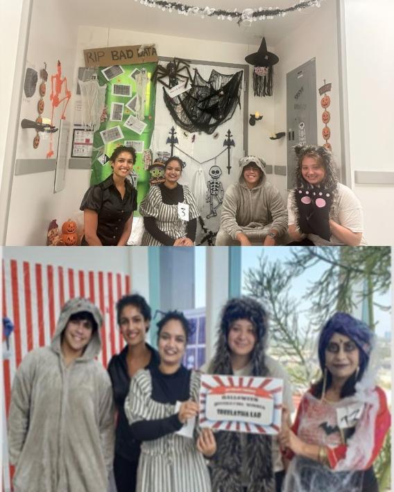 Abner, Anju, Maggie, Alex and Sanchali winning the Halloween door decorating competition