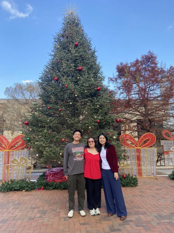 Three people gathered in front of a Christmas tree.