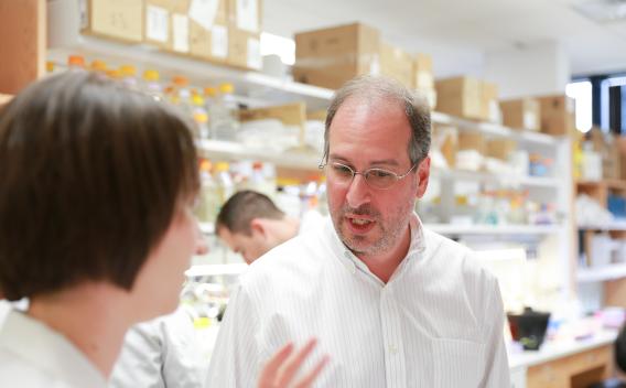 Dr. Rosen speaking to a lab member