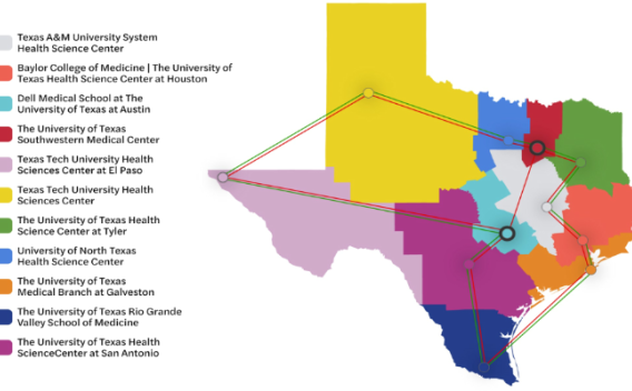 image of the state of Texas with nodes