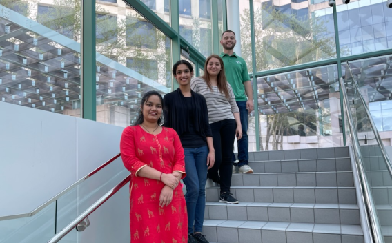 Meg, Anju, Alex, and Arbi smiling and standing on a staircase.