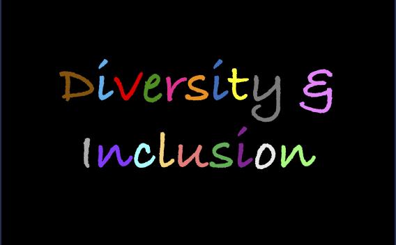 "Diversity & Inclusion" in multi color font on black background.