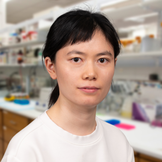 lab member Dongmei Shi standing in a laboratory setting