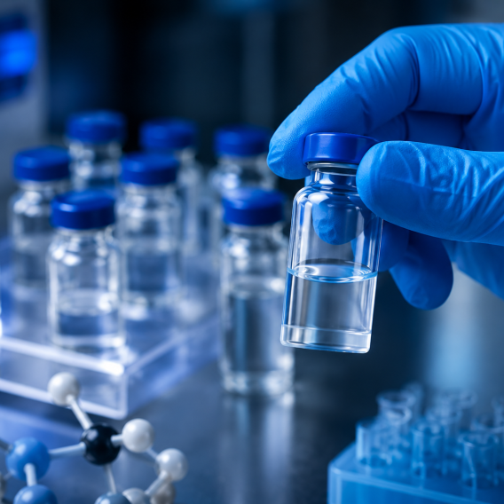 Gloved hand holding a small laboratory vial, representing development of molecular imaging agents.