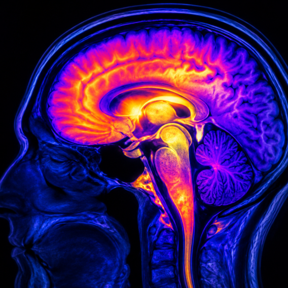 Color-enhanced brain scan, representing molecular imaging of central nervous system disease and neuroinflammation.