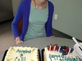Kathryn with 2 cakes. Happy Birthday & Accepted @ Cell paper!