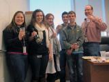 Lab team celebrating with champaign