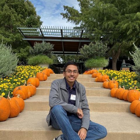 Jugal Mohapatra seated on steps with pumpkins