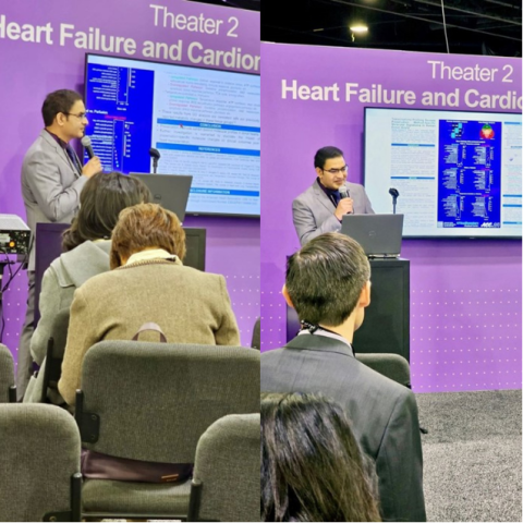 Dual pictures of a man with dark hair speaking to an audience. Sign above the unreadable  screen reads, Theater 2, Heart Failure and Cardio.