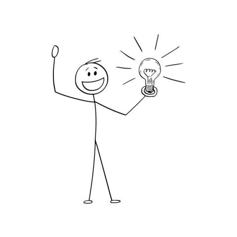 Stick drawing of a person holding a lightbulb.
